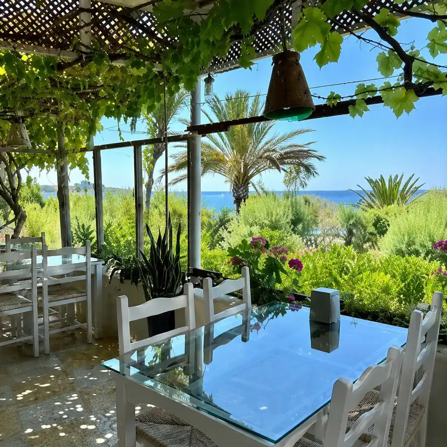 Restaurant patio with garden and sea view